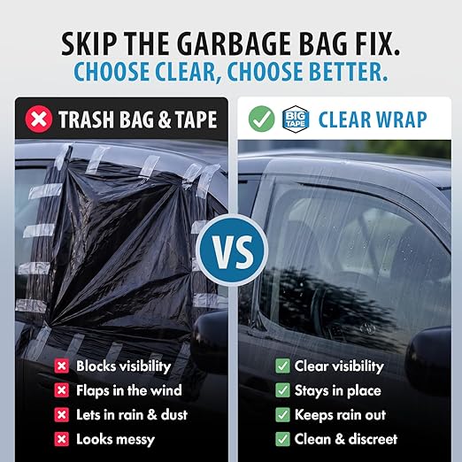 Big Tape Crash Wrap for Car Windows – 12ft XL Temporary Broken Glass Cover Film, 17.5” Wide Waterproof Automotive Plastic Wrap – Highway Safe Emergency Car Window Repair Tape, No Residue