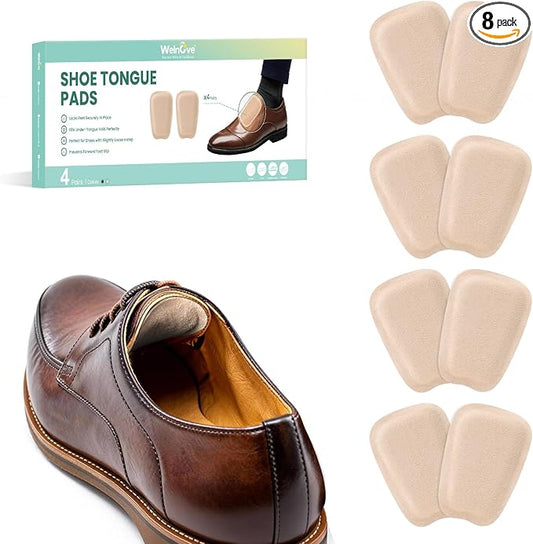 Shoe Tongue Pads for Men & Women - Welnove 4 Pairs Suede Memory Foam Shoe Padding Cushion Soft Self Adhesive Inserts Filler for Boots, Leather Shoes, Dress Shoes, Loafers (Beige, Size S)