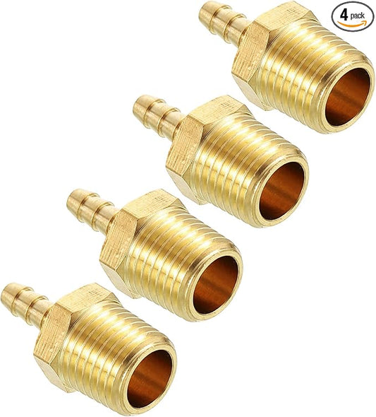 Pack of 4 Brass Hose Barb Fittings Adapter Connector 1/8" Hose Barb to 1/4" NPT Male Fittings for Home Machines, Massage Bathtubs, and Irrigation Systems