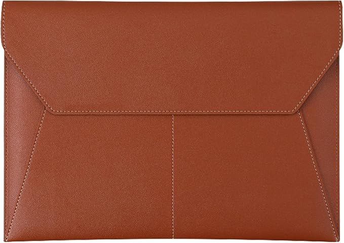 PU Leather A4 File Folder Document Holder with 3 Pockets Waterproof Stylish Envelope Folder Case with Snap Closure (Brown)