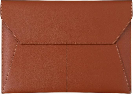 PU Leather A4 File Folder Document Holder with 3 Pockets Waterproof Stylish Envelope Folder Case with Snap Closure (Brown)