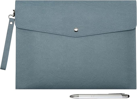 Wonderpool A4 PU Leather Envelope Documents File Portfolio Large Capacity Folders Travel Bag for Paper Letter Stationery Organizer and Tablet Case PC Sleeve (Light Blue)