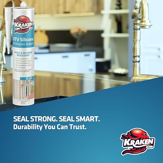 Kraken Bond Brown Silicone Sealant Waterproof% 100-10 fl oz Cartridge - RTV Silicone Caulk Kitchen and Bathroom, All Purpose, Window Caulking Sealant Outdoor, RV, Exterior Use Silicon - 2 Pack