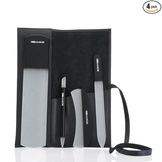 4pcs Manicure Set Genuine Czech Crystal Black Glass Nail File Moon File Manicure Stick Pedicure Foot Care Bar in Black Leather by GERmanikure