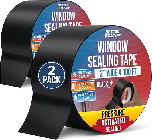 Window Sealing Tape Black 2-Pack, 2 Inch x 100 FT Per Roll, Weather Seal for Windows, Doors and AC Units, Waterproof UV Resistant, Damage-Free Removal - Better Boat