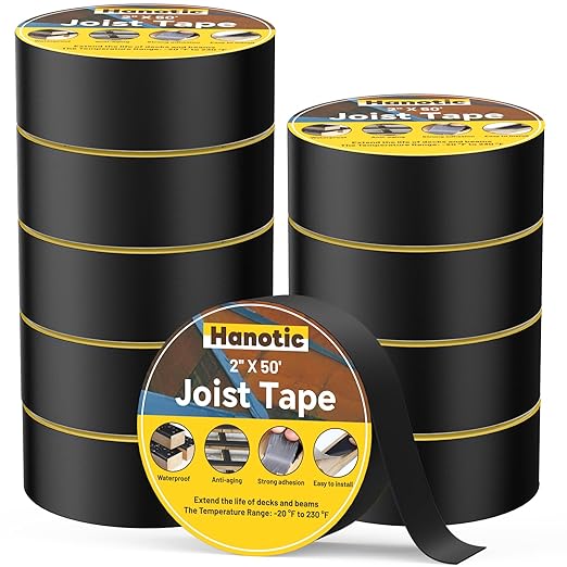 Joist Tape for Decking 2'' X 50', 10 Rolls Weather Resistance Butyl Tape, Waterproof and Anti-Corrosion, Self-Adhesive for Wood Joists Decks Beams Roof Rv