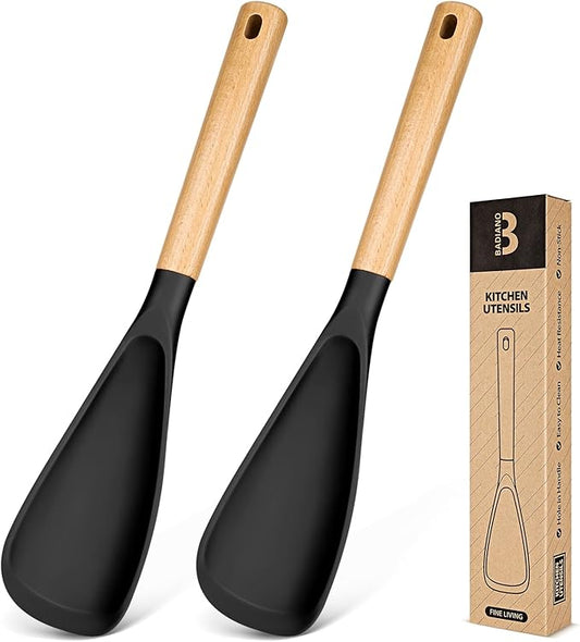 Cooking Spoon for Nonstick Cookwares, Great for Cooking and Serving Sturdy BPA-Free Matte Silicone, Wood Handle Spoon for Mixing, Scoop, and Scrape (2 Pack of Black, 13.4 inch)