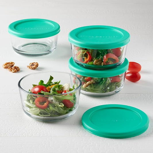 Anchor Hocking 2 Cup Glass Storage Containers with Lids, Set of 4 Glass Food Storage Containers with Mint SnugFit Lids (Pack of 2)