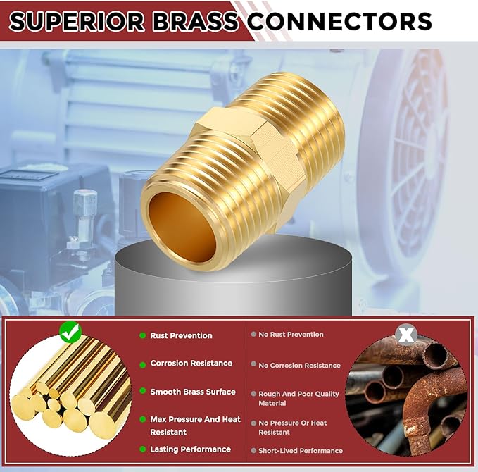 Pack of 12, 3/8" MNPT to 3/8" MNPT Solid Brass Hex Nipple Hose Connector W/Sealing Tape, Male Pipe Adapters for Pipe Leak Repair, Bathroom Remodeling, Tool Extensions, Compression