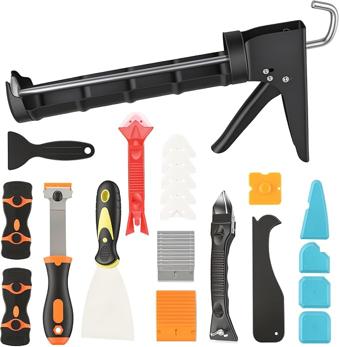 Caulk Gun Kit, Caulking Gun and Caulk Remover Tool with Razor Blade Scraper Plastic Razor Blades for Kitchen Bathroom Window Caulking Removal and Sealant Caulking