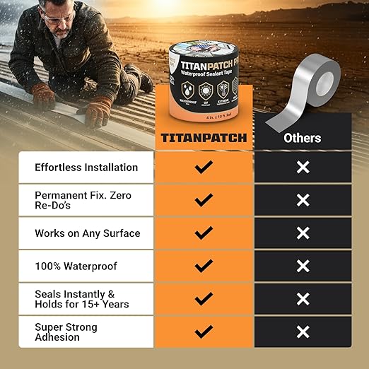 TITANPATCH PRO Waterproof Sealant Tape – White 4" x10' – Stops Leaks Fast & Stays Sealed for 15+ Years – Sticks to RVs, Roofs, Pools, Boats, Gutters – Built for Harsh Weather (-40°F to 190°F)
