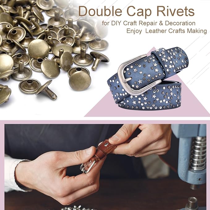 CooBigo 200Sets 12mm Double Round Cap Leather Rivets, Tubular Metal Rivets Spikes Studs, Leather Rivets for Leather Key Fob Clothing Pets Collar Boots Bags Belt Repair and Decoration (Bronze)