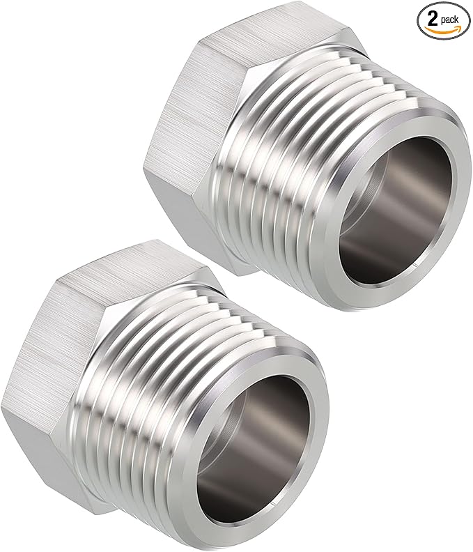 Pack of 2, 1" Male NPT to 3/4" FeMale NPT Solid 304 Stainless Steel Hex Bushing, Hose Fittings Adapter Reducer for Pipe Leak Repair, Bathroom Remodeling, Tool Extensions