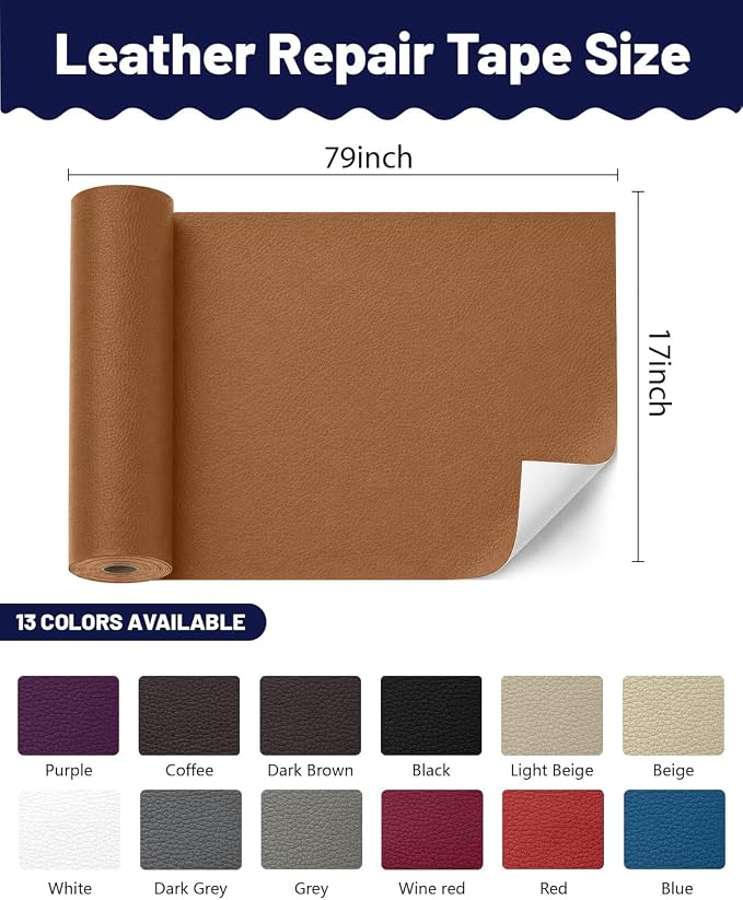 BOUYEER Leather Repair Patch Tape Kit,Self Adhesive Leather Repair for Sofa，Car Seat,Office Chair,Furniture,Jacket,Waterproof Strong Adhesive Vinyl Repair Kit. 17 in x 79 in,Light Brown