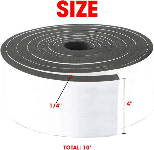 Neoprene Foam Strip Roll By Dualplex, 4" Wide x10' Long 1/4" Thick, Weather Seal High Density Stripping with Adhesive Backing – Weather Strip Roll Insulation Foam Strips