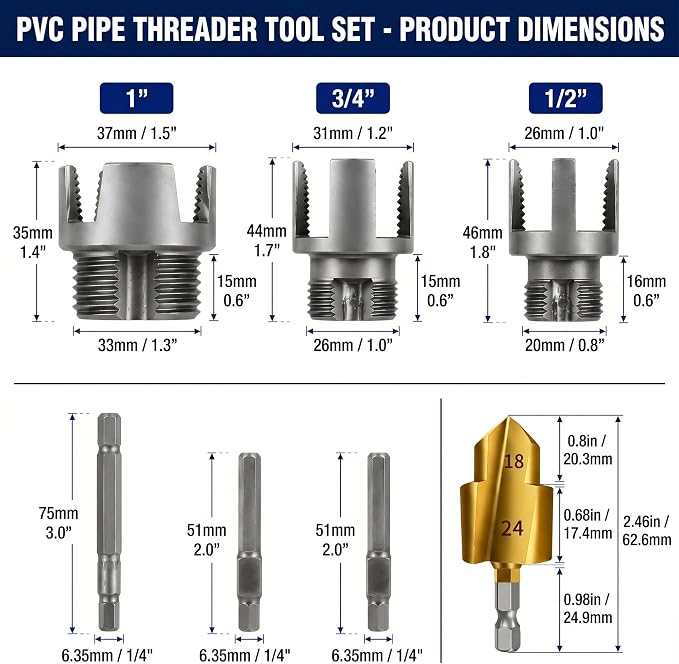 KIMPOK PVC Pipe Threader Tool Set, NPT Dies for 1/2, 3/4, 1 in Pipe | Heavy duty carbon steel NPT dies with 1/4 hex shank, internal pipe wrench and 2 seal tapes for drill powered PVC repair