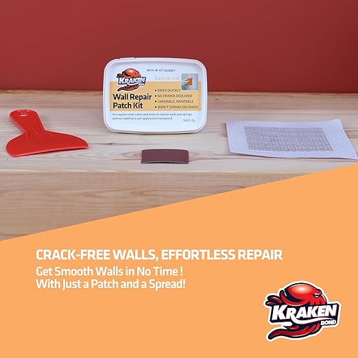 Kraken Bond Drywall Patch Repair Kit - (12x8 fl.oz.) Easy to Use Wall Patch Repair Kit for Drywall Hole & Cracks, Includes Aluminum Self-Adhesive Patch, Grit Sandpaper, Plastic Putty Knife, 12 Pack