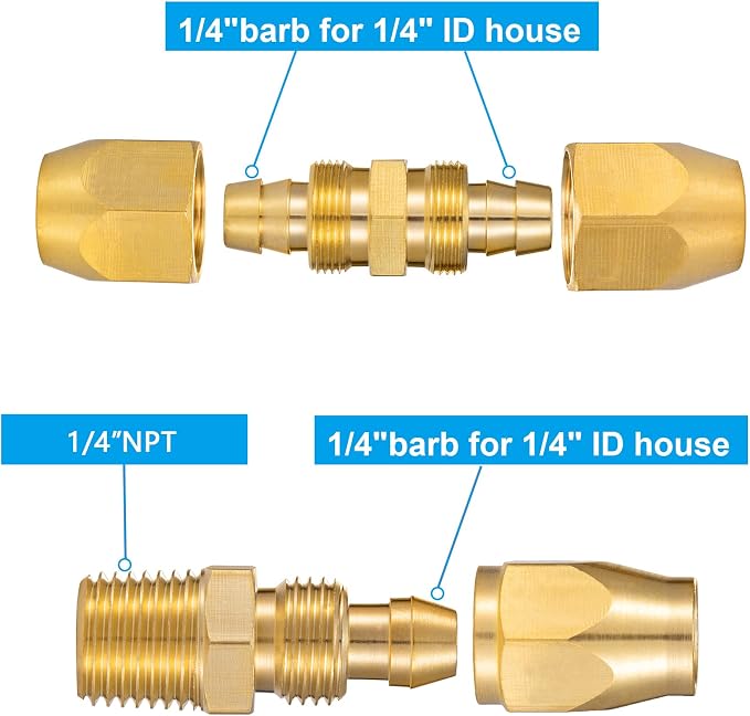Soild Brass 4pcs 1/4" Barb（1/4" ID Polyurethane Hose） x 1/4" NPT and 4PCS Soild Brass Air Reusable Splicer For 1/4-Inch ID Hose