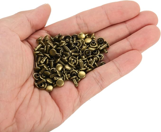 HARFINGTON 100 Sets Double Cap Leather Rivets, 6x8mm Round Cap Tubular Metal Studs Leather Crafting Rivets for Fabric Belt Pet Collar Boot Bag Repair and Decoration, Bronze