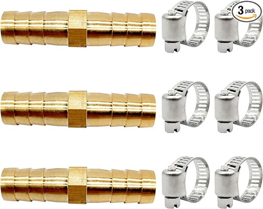BlingKingdom 3pcs 3/8"(10mm) Hose Repair Kit Hose Connector Barb Splicer Mender Hose Brass Barb Fitting Watertight Straight Hose Barb Connector with 6pcs Stainless Steel Pipe Clamp for Water/Fuel/Air