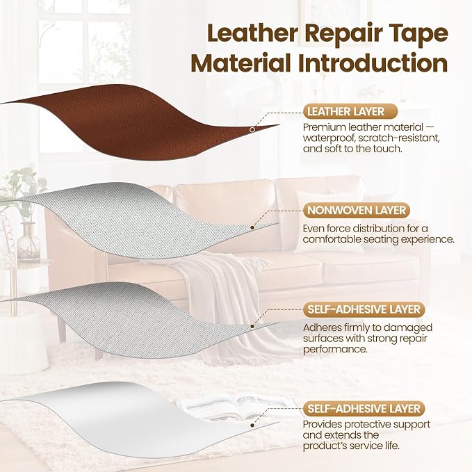 WALLAX Leather Repair Patch, 16 x 79 Inches Self Adhesive Leather Repair Tape for Furniture, Couch, Sofa, Car Seats, Office Chair, Car Interior, Upholstery, Vinyl Repair Kit (Beige)