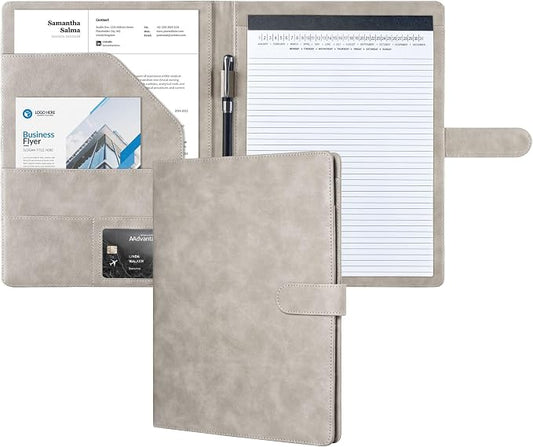Mymazn Padfolio Portfolio Folder, Faux Leather Interview Resume Folder with Document Organizer & Business Card Holder, Letter-Sized Notepad Legal Pad Holder for Men Women (Grey)