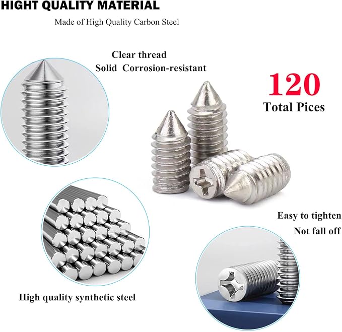 120 Pcs Nickel Plated Tip Screws Pointed Cross Slot Leather Accessories 3 Colors 4 Sizes Belt Screws Include M2x3，M2.5x4，M2.5x6，M3x5 with 2mm Screwdriver for Belt Buckle Wallet Handbag Purse
