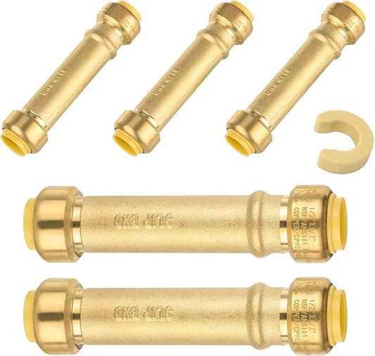5 PCS Niikappu 1/2 Inch Push-Fit Slip/Repair Coupling, No Lead Brass Push-to-Connect Plumbing Fittings for PEX, Copper, CPVC, PE-RT Pipes, with a Disconnect Clip