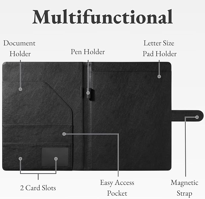 Mymazn Padfolio Portfolio Folder, Faux Leather Interview Resume Folder with Document Organizer & Business Card Holder, Letter-Sized Notepad Legal Pad Holder for Men Women (Black)
