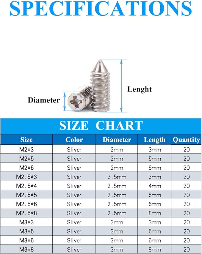 240 Pcs Nickel Plated Carbon Steel Tip Screws (M2*3-M2*6, M2.5*3-M2.5*8, M3*3-M3*8) with 2mm Screwdriver for Belt Buckle, Wallet, Handbag, Purse Repair