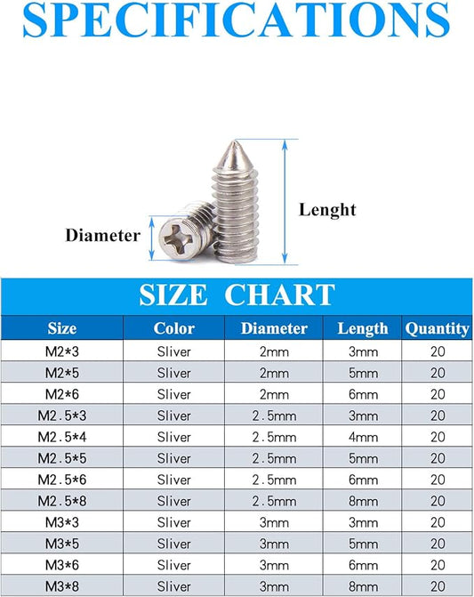 240 Pcs Nickel Plated Carbon Steel Tip Screws (M2*3-M2*6, M2.5*3-M2.5*8, M3*3-M3*8) with 2mm Screwdriver for Belt Buckle, Wallet, Handbag, Purse Repair
