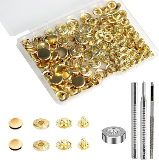 BetterJonny 24 Sets Heavy Duty Leather Snap Fasteners Kit, 12.5mm Metal Snap Buttons Press Studs Leather Rivets Snaps with 4 Setter Tools for Clothes Bracelet Jackets Jeans Gold