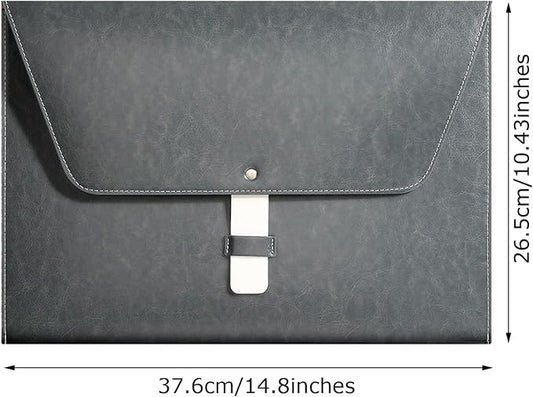 PU Leather A4 File Folder Large Document Holder Waterproof Envelope Folder Case with Handmade Closure (Gray)