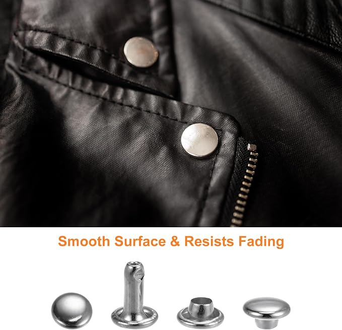 HARFINGTON 100 Sets Leather Rivets 8 x 10mm Metal Double Cap Rivet Snaps Studs Fasteners with 3pcs Setting Tools for Leather Craft DIY Repair Decoration, Silver Tone
