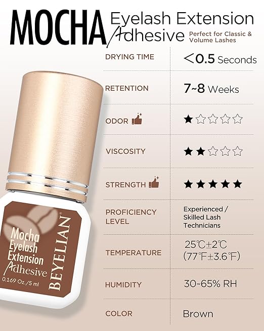 BEYELIAN Brown Eyelash Extension Glue 0.17fl.oz/5ml / 0.5 Sec Drying Time/Retention – 7-8 Weeks/Brown Adhesive/Professional Hypoallergenic Formaldehyde-Free Lash Extension Glue Supplies