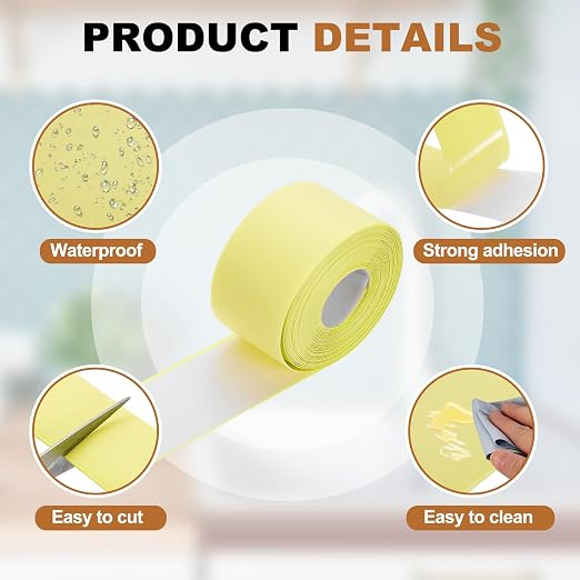 uxcell Caulk Tape Waterproof, 1.5 Inch x 16.4 ft Self-Adhesive Sealant Sealing Strip Caulking Sealant Tape PVC with Tool for Kitchen Sink Toilet Bathroom Bathtub Floor, Beige