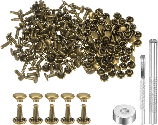 HARFINGTON 100 Sets Leather Rivets 8 x 6mm Metal Double Cap Rivet Snaps Studs Fasteners with 3pcs Setting Tools Rivets for Leather Craft DIY Repair Decoration, Bronze