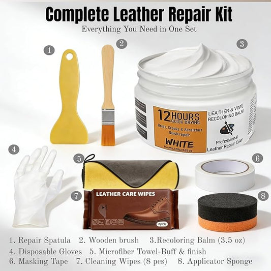 Leather Recoloring Balm 3.53Oz, 12H Quick-Dry Leather Vinyl Repair Cream Kit for Furniture, Couches & Car Seats- Restore Scratched, Faded, & Damaged Surfaces, Waterproof Restorer White