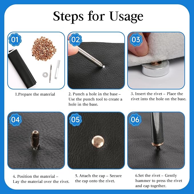 100 Sets Leather Rivets 8x10mm Double Cap Rivets Snaps Metal Studs Fasteners with 3pcs Setting Tools for Leather Craft DIY Repair Decoration, Light Gold Tone