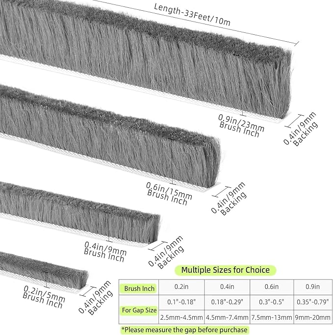 ZOMPAGO Brush Weather Stripping 0.9in(T) x 0.4in(W) x 33FT Grey Door Seal Strip for Door Frame, Sliding Glass Door Draft Stopper Window Soundproofing Bristle Door Sweep Weatherstripping