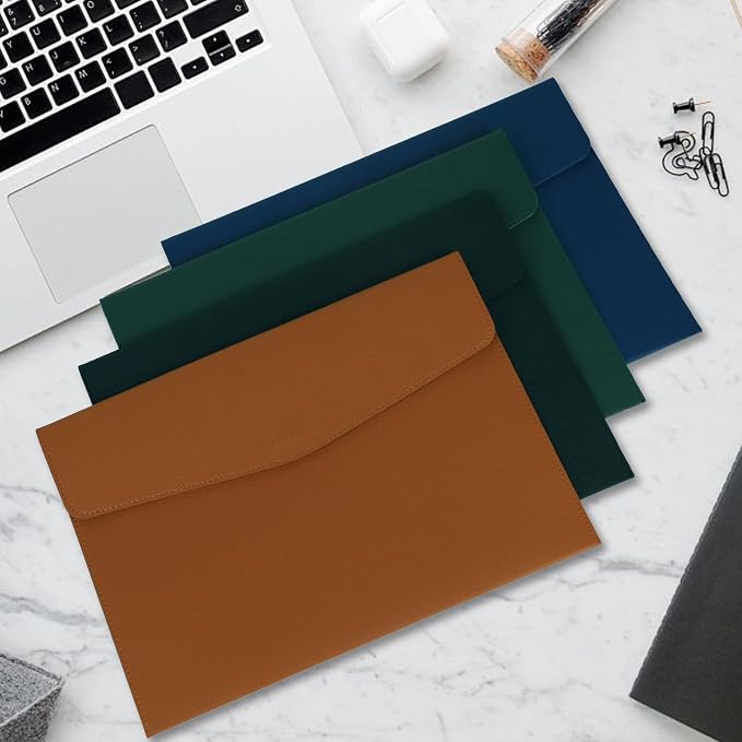 MultiBey PU Leather A4 Document Holder File Organizer with Snap Closure, Waterproof/Water‑Resistant A4 & Letter Size Envelope Folder 13 x 9.5 in - Holds up to 100 Sheets (Brown)