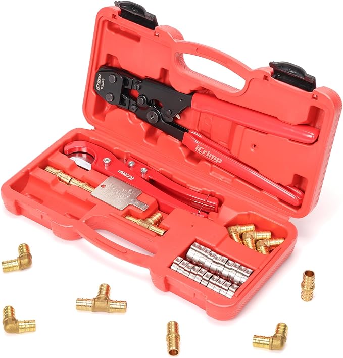 iCrimp PEX Pipe Clamp Crimping Tool Kit, Cinch Crimper Tool for Stainless Steel Clamps from 3/8-inch to 1-inch with 1/2-inch 20pcs SS PEX Clamps and 12pcs 1/2-inch Pex Fittings