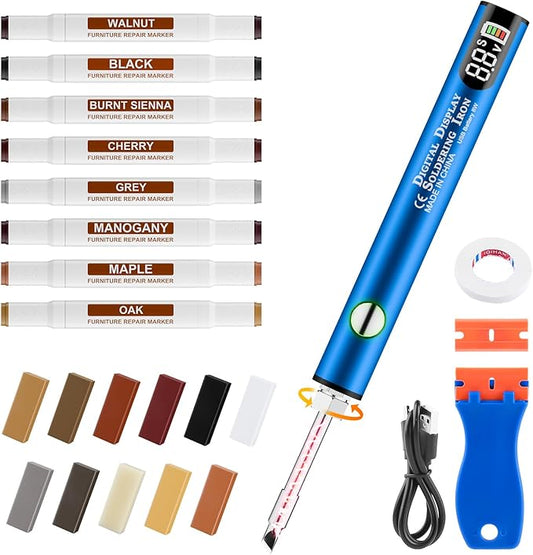 Laminate Wood Floor Repair Kit, Wax Melting Tool with Display, Hard Wax Filler, Marker Pen, for Floor, Furniture, Countertop & Tile Repair, Blue