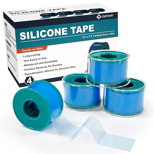 Ceeport Soft Silicone Tape for Skin, 1" x 5.46 Yards, 4 Rolls Medical Adhesive Tape, Easy to Tear Pre-Cut Waterproof Surgical Tape for First Aid, Wound, Bandage and Sensitive Skin