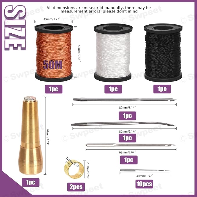 Swpeet 10Pcs Portable Copper Handle Canvas Leather Sewing Awl Needle and 3 Colors Nylon Waxed Thread Cord with Thimble Assortment Kit, Leather Sewing Tools for Canvas, Shoe and Leather Repair