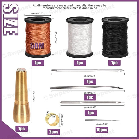 Swpeet 10Pcs Portable Copper Handle Canvas Leather Sewing Awl Needle and 3 Colors Nylon Waxed Thread Cord with Thimble Assortment Kit, Leather Sewing Tools for Canvas, Shoe and Leather Repair
