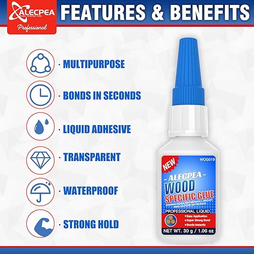 ALECPEA Wood Glue with 3 Precision Applicators - Fast Curing Super Glue for Woodworking, Furniture Repair & Crafts - Strong & Clear, 30g