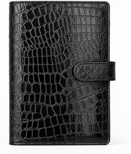Convend A6/A5 Refillable 6 Ring Faux Leather Budget Binder,Mini Notebook Binder Cover for A5 Filler Paper,Loose Leaf Personal Planner Cover with Magnetic Buckle Closure(Crocodile-Black)