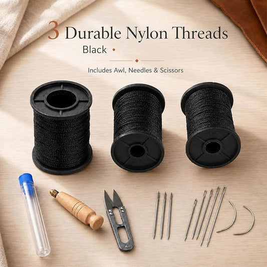 16Pcs Upholstery Repair Sewing Kit, Heavy Duty Leather Sewing Kit with Sewing Awl, Hand Needles, Curved Needles, Scissors and Nylon Thread for Leather Shoes, Sofa, Furniture, Canvas Repair (Black)