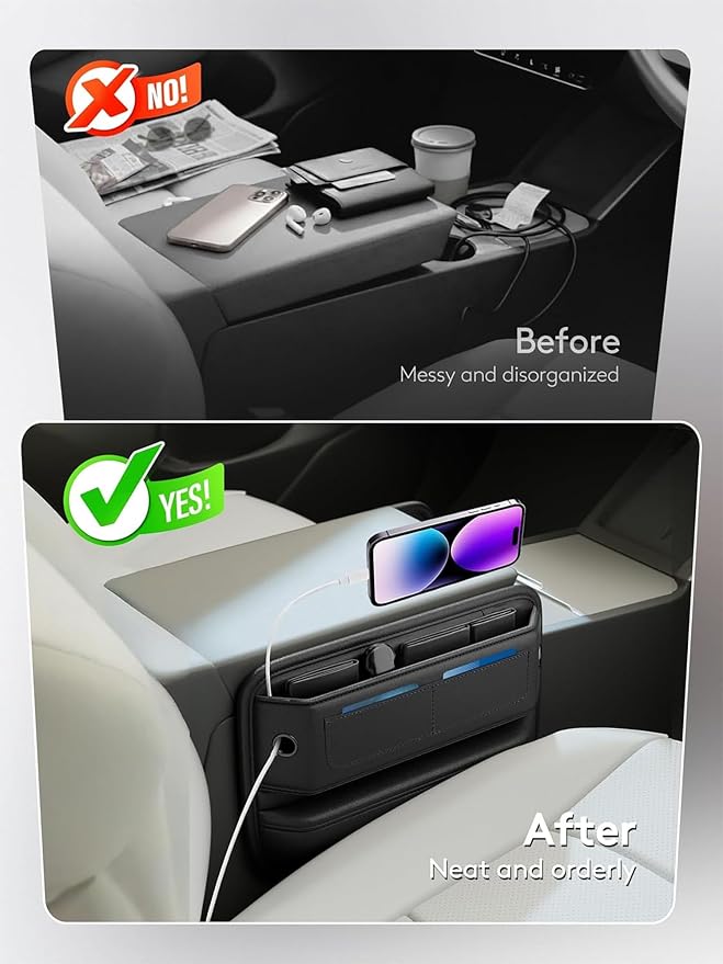 Car Gap Seat Filler, 2 Pack Seat Gap Filler Organizer with Storage Pocket, PU Leather Front Seat Organizer for Phone, Keys, Wallet, Cards and Sunglasses, Universal Fit for Cars SUVs Trucks